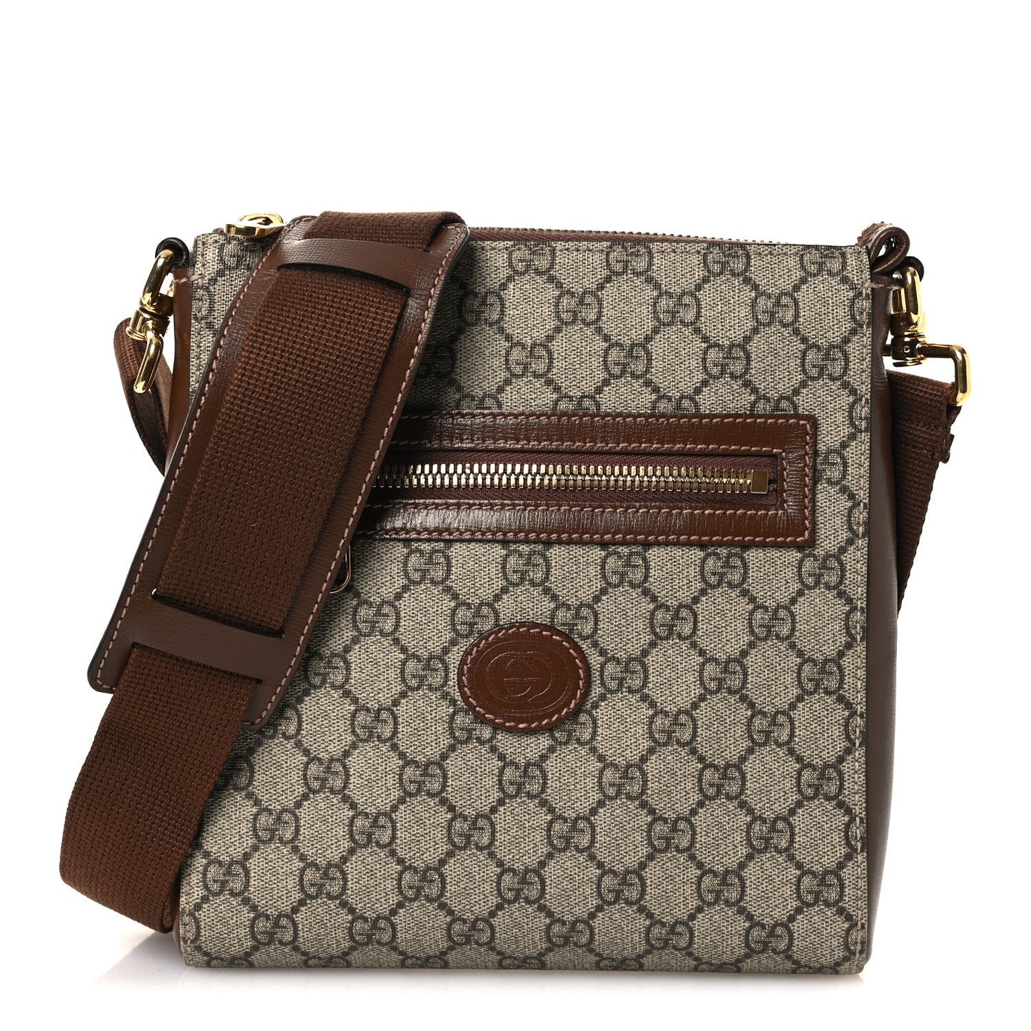 GG Supreme Monogram Azalea Calfskin Retro Interlocking G Flat Messenger Bag Beige Ebony Brown Sugar