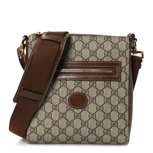 GG Supreme Monogram Azalea Calfskin Retro Interlocking G Flat Messenger Bag Beige Ebony Brown Sugar
