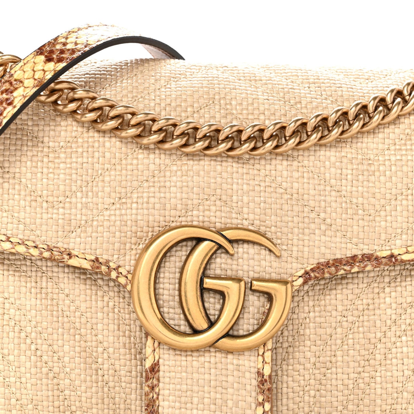 Raffia Elaphe Matelasse Small GG Marmont Shoulder Bag Natural Cream Brown