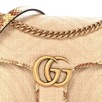 Raffia Elaphe Matelasse Small GG Marmont Shoulder Bag Natural Cream Brown