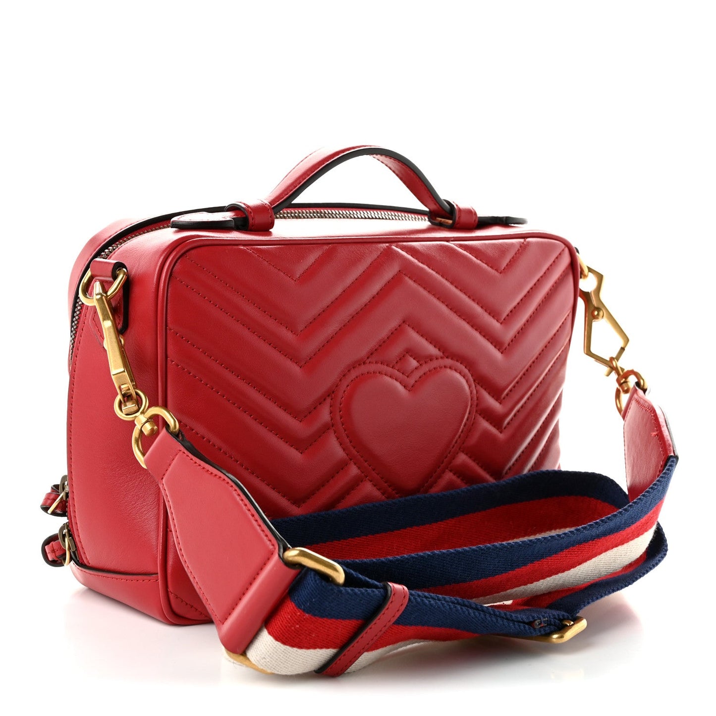 Calfskin Matelasse Sylvie Web Small GG Marmont Top Handle Shoulder Bag Hibiscus Red