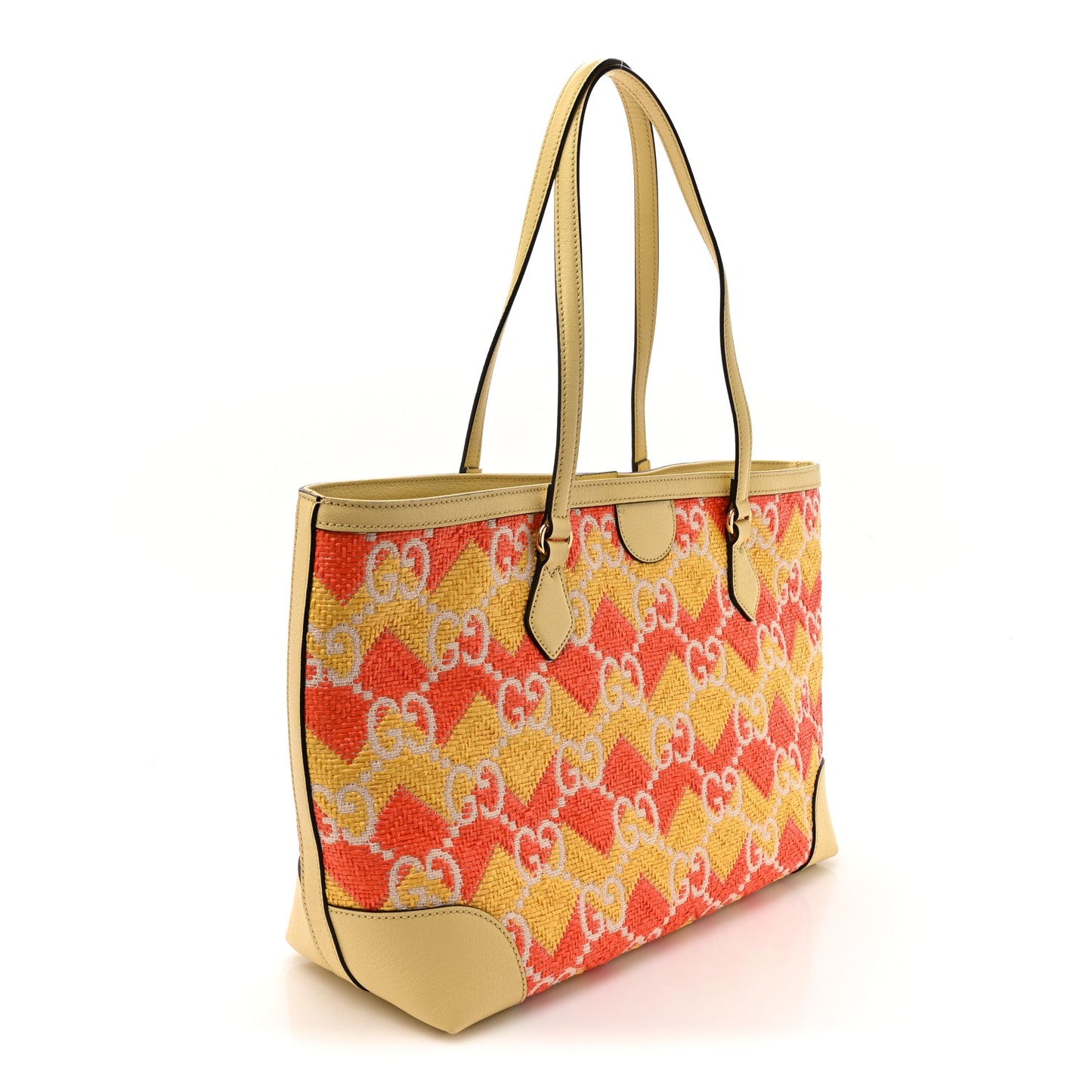 Straw Textured Dollar Calfskin Cancun Medium Ophidia Shopping Tote Orange Yellow