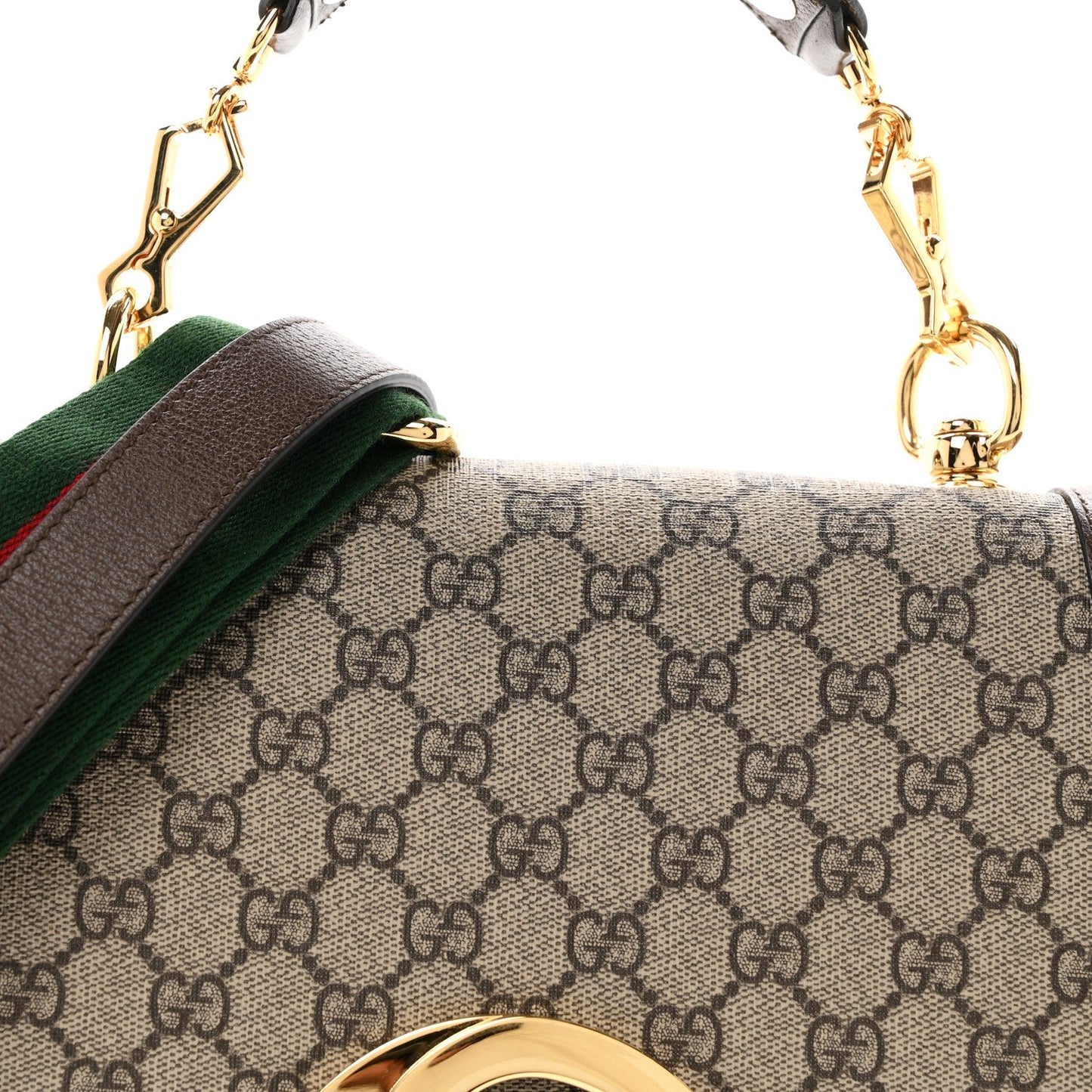 GG Supreme Monogram Textured Dollar Calfskin Web Medium Blondie Top Handle Shoulder Flap Bag Beige Ebony New Acero