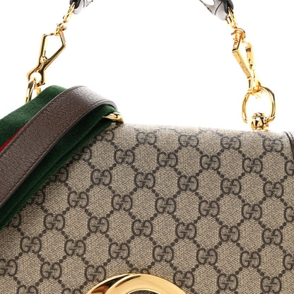 GG Supreme Monogram Textured Dollar Calfskin Web Medium Blondie Top Handle Shoulder Flap Bag Beige Ebony New Acero