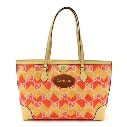 Straw Textured Dollar Calfskin Cancun Medium Ophidia Shopping Tote Orange Yellow