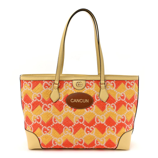 Straw Textured Dollar Calfskin Cancun Medium Ophidia Shopping Tote Orange Yellow