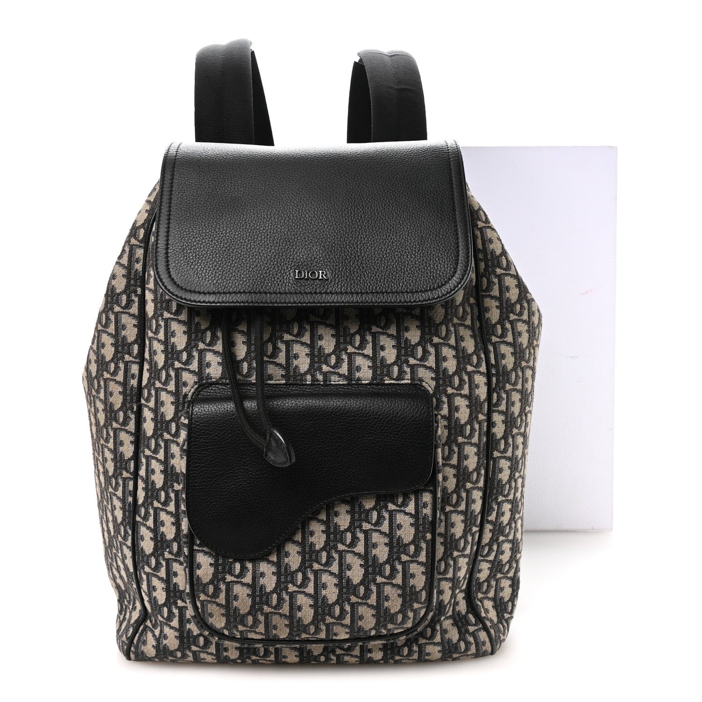Oblique Jacquard Grained Calfskin Drawstring Saddle Backpack Beige Black
