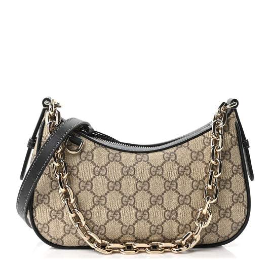 GG Supreme Monogram Textured Calfskin Small Emblem Shoulder Bag Beige Black
