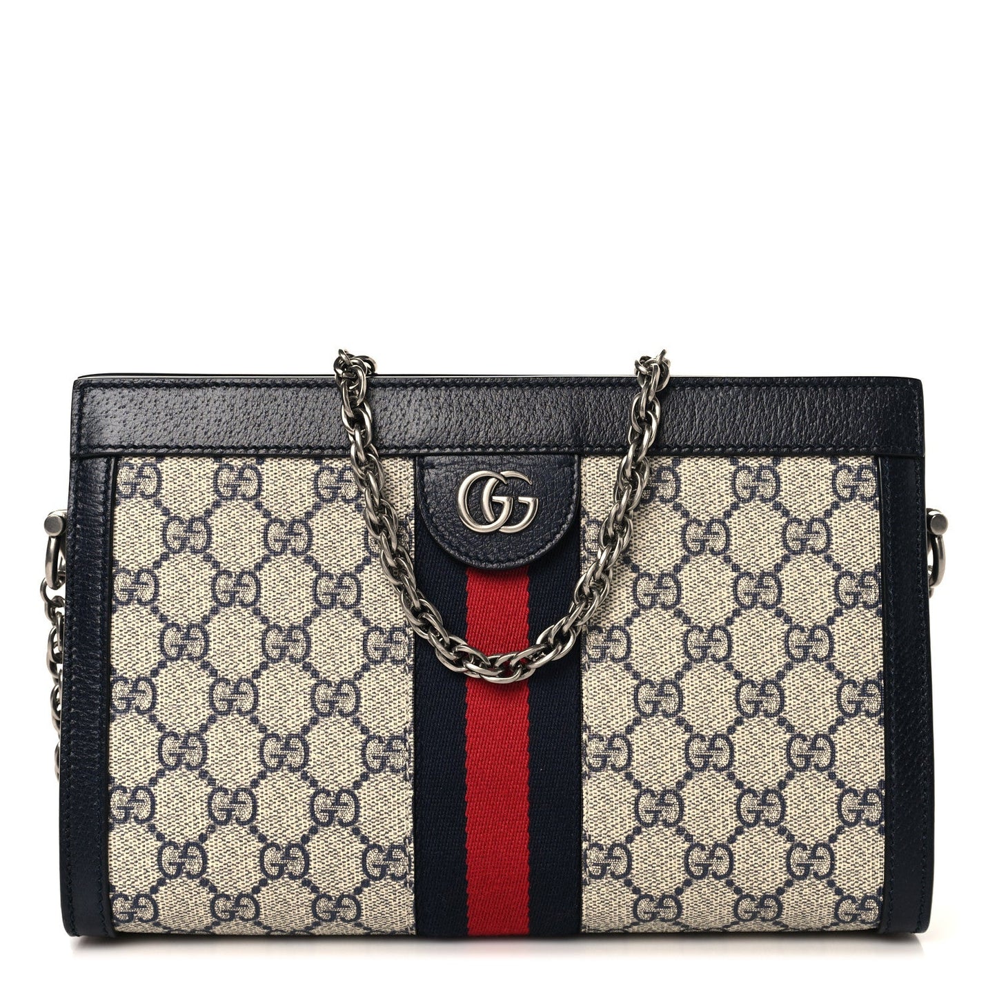 GG Supreme Monogram Textured Dollar Calfskin Web Small Ophidia Chain Shoulder Bag Beige Blue