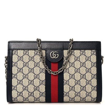 GG Supreme Monogram Textured Dollar Calfskin Web Small Ophidia Chain Shoulder Bag Beige Blue