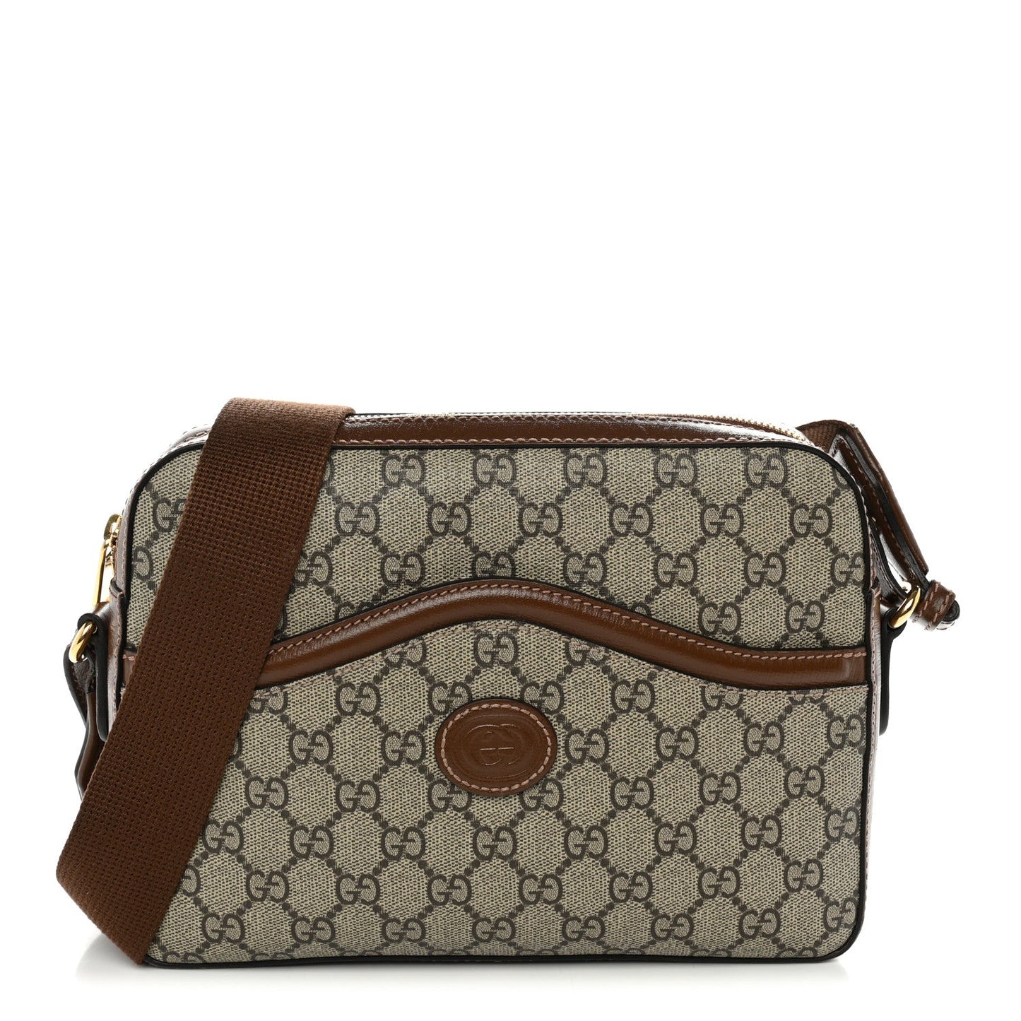 GG Supreme Monogram Azalea Calfskin Retro Interlocking G Messenger Shoulder Bag Beige Ebony Brown Sugar