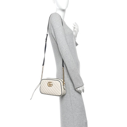 Vintage Effect Calfskin Matelasse Diagonal Small Torchon GG Marmont Chain Shoulder Bag Mystic White Blue Agata