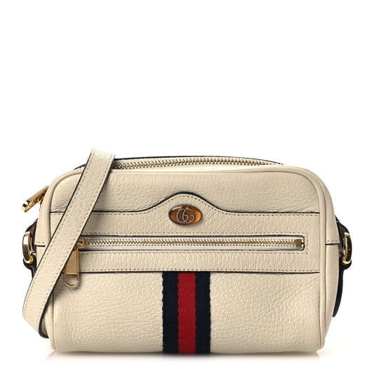 Textured Dollar Calfskin Web Mini Ophidia Shoulder Bag Mystic White