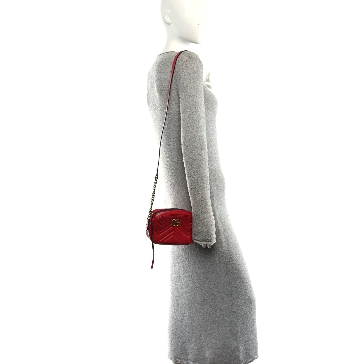 Calfskin Matelasse Mini GG Marmont Chain Shoulder Bag Hibiscus Red
