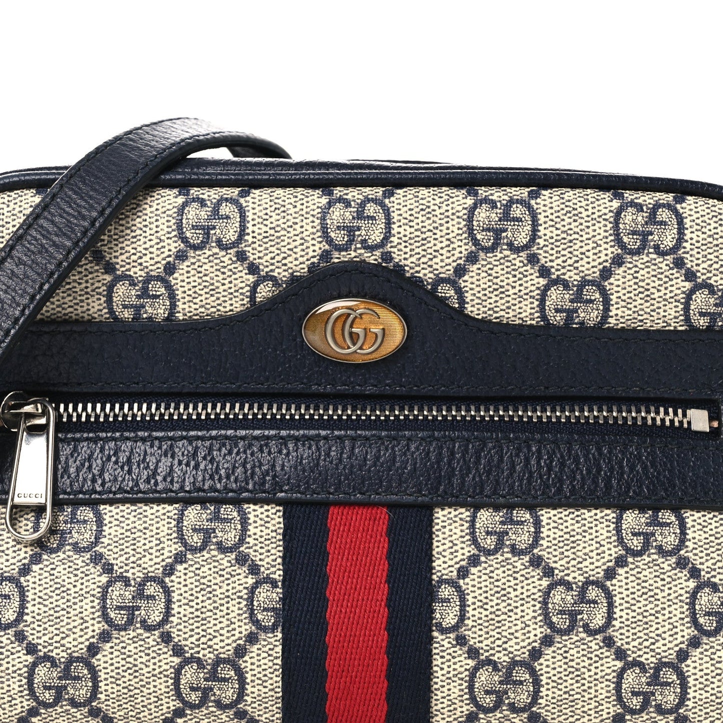 GG Supreme Monogram Textured Dollar Calfskin Web Mini Ophidia Shoulder Bag Beige Blue