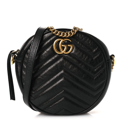 Azalea Calfskin Matelasse Heart Mini GG Marmont Round Shoulder Bag Black