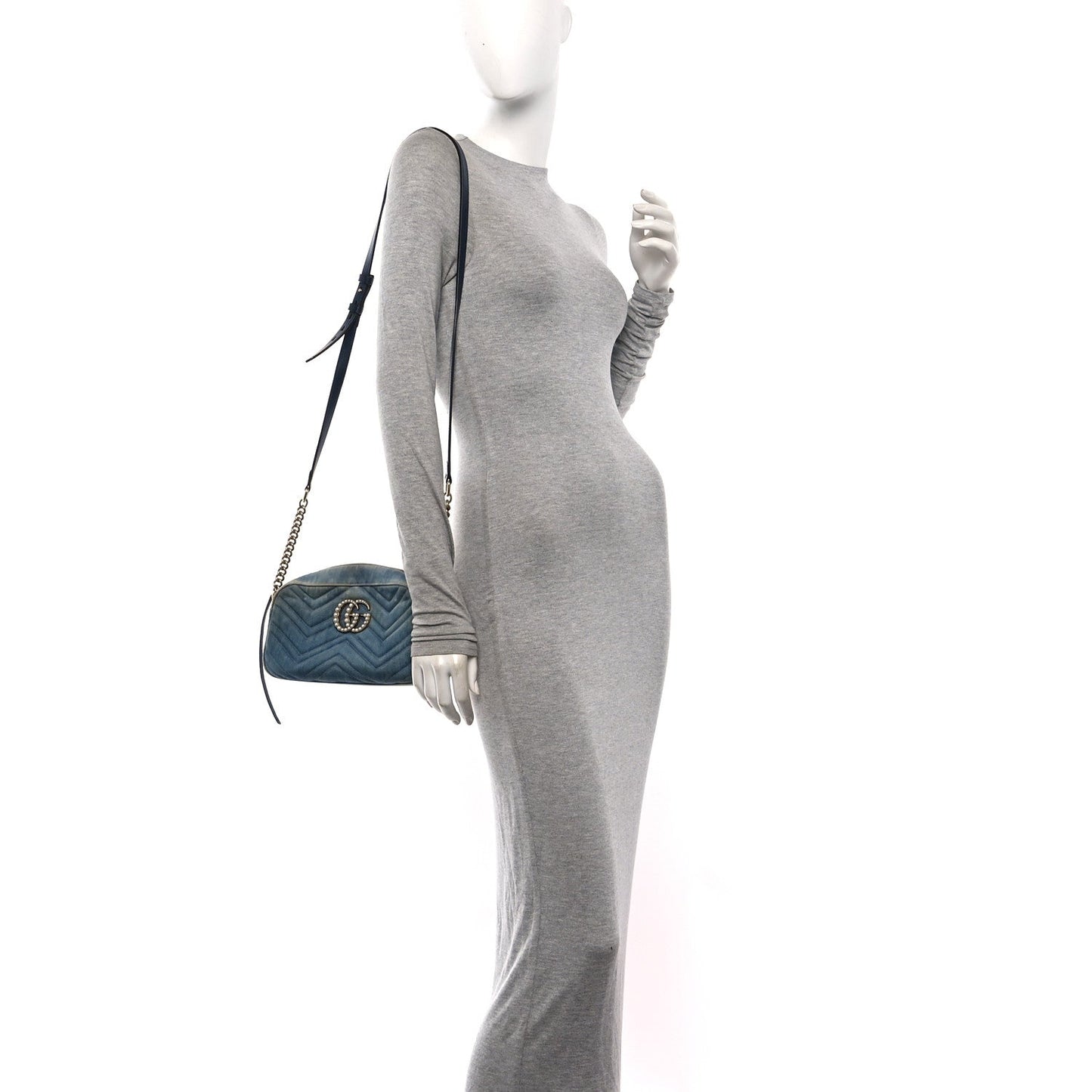 Denim Matelasse Small Pearly GG Marmont Chain Shoulder Bag Blue
