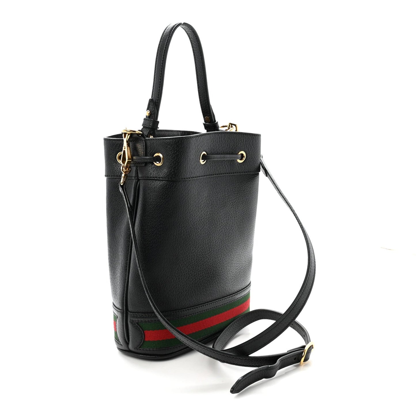 Glazed Textured Calfskin Web Small Ophidia Bucket Bag Black