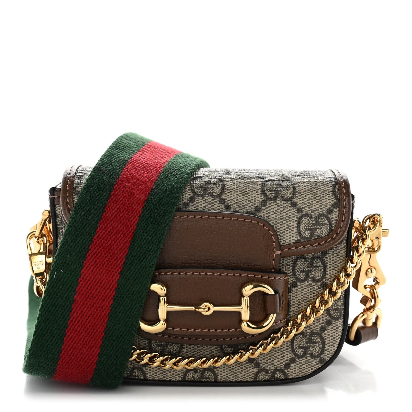 GG Supreme Monogram Azalea Calfskin Web Horsebit 1955 Wallet On Strap Beige Ebony Brown Sugar