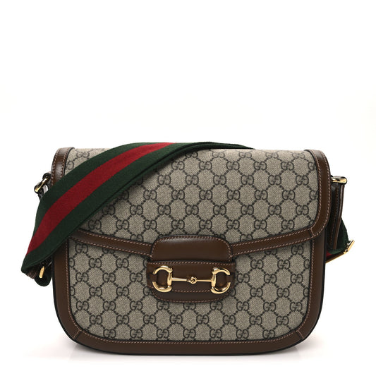 GG Supreme Monogram Azalea Calfskin Web Medium Horsebit 1955 Shoulder Bag Beige Ebony Brown Sugar