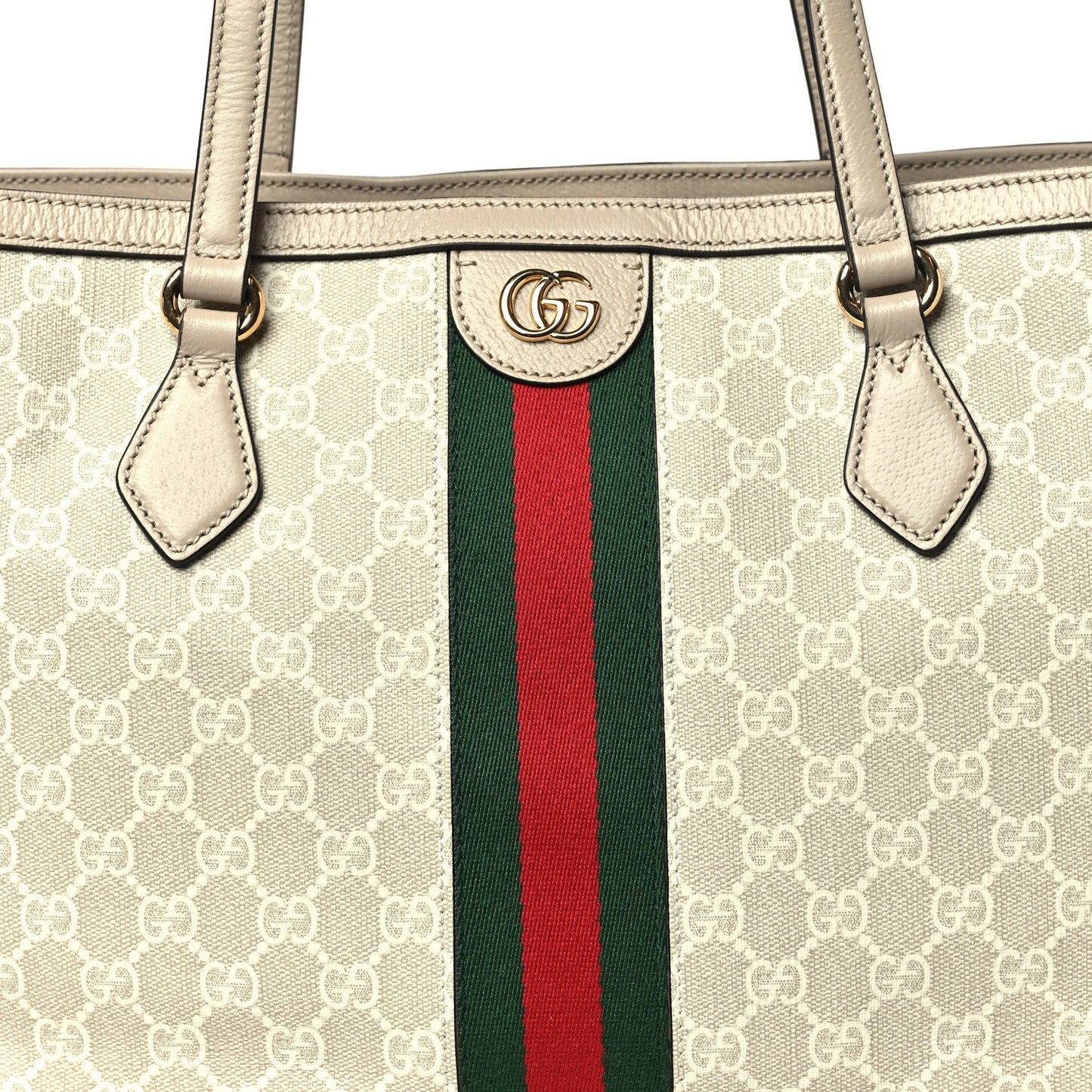 GG Supreme Monogram Textured Dollar Calfskin Web Medium Ophidia Shopping Tote Beige Mystic White Oatmeal