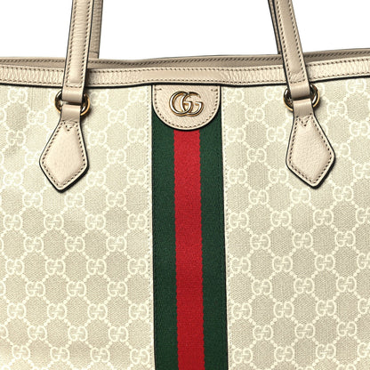 GG Supreme Monogram Textured Dollar Calfskin Web Medium Ophidia Shopping Tote Beige Mystic White Oatmeal