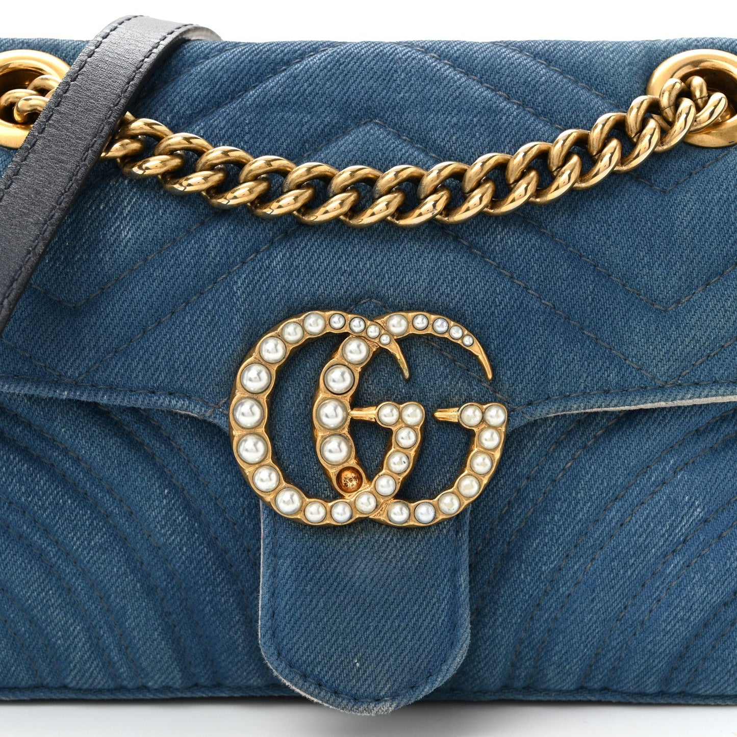 Denim Matelasse Mini Pearly GG Marmont Shoulder Bag Blue