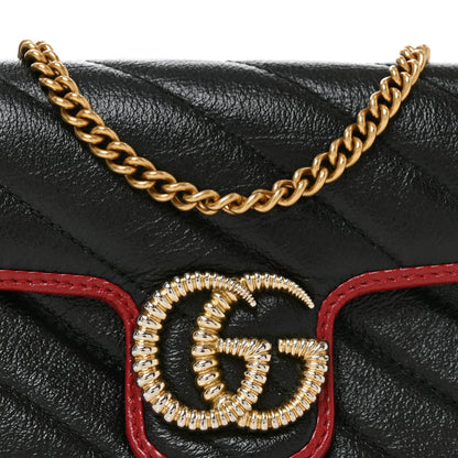 Vintage Effect Calfskin Matelasse Diagonal Super Mini Torchon GG Marmont Shoulder Bag Black Romantic Cherry
