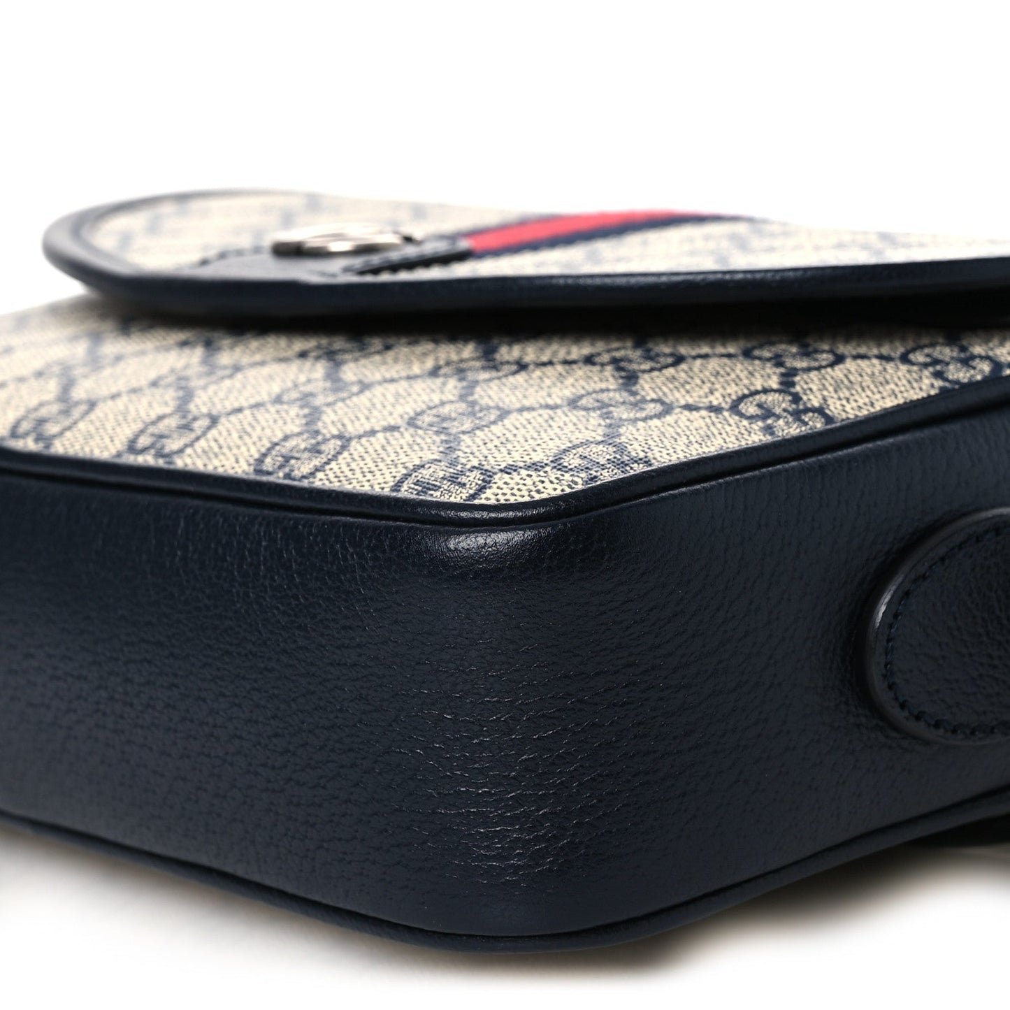 GG Supreme Monogram Textured Dollar Calfskin Web Studded Mini Ophidia Flap Shoulder Bag Beige Blue