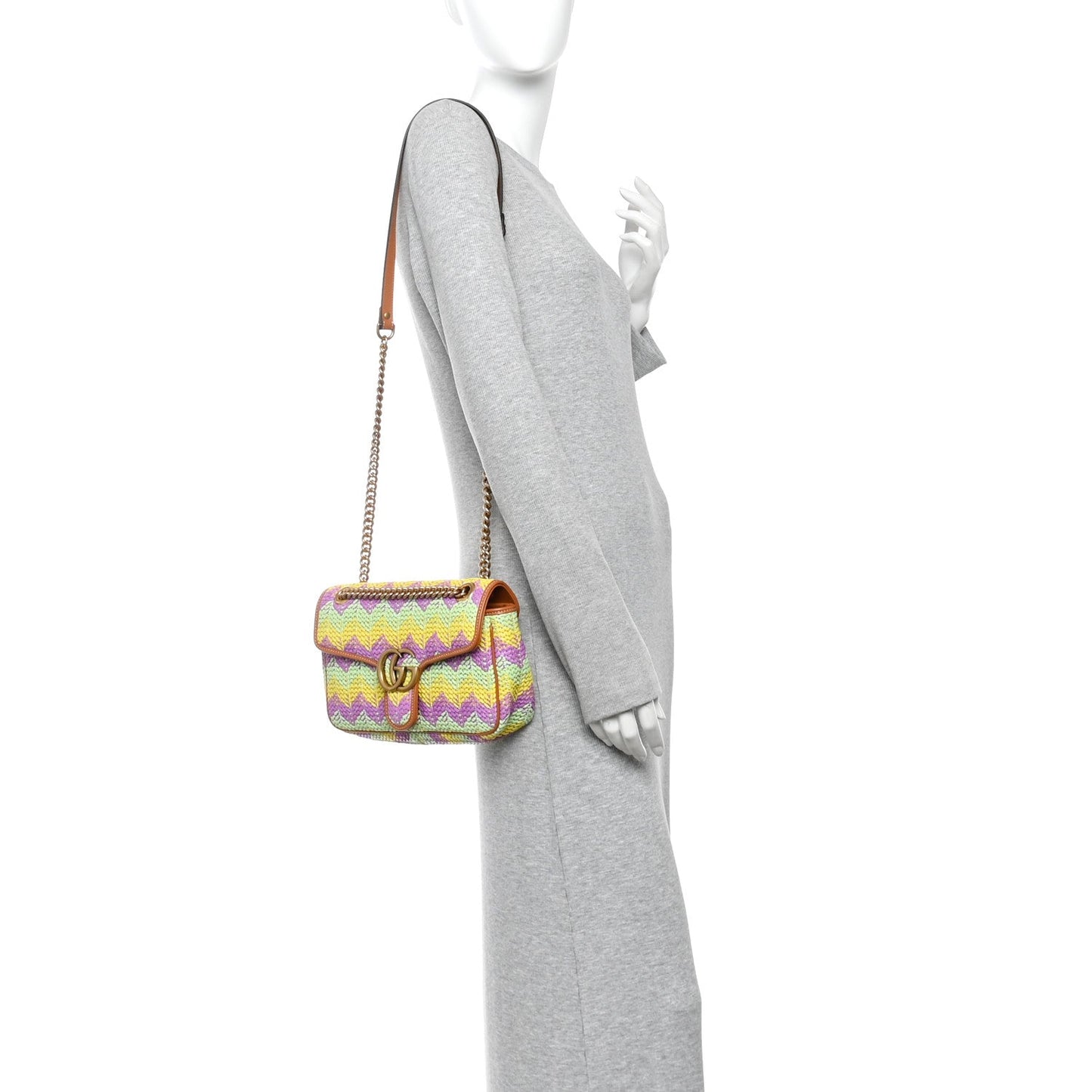 Calfskin Raffia Woven Small GG Marmont Shoulder Bag Multicolor