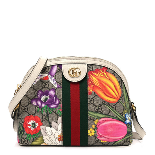 GG Supreme Monogram Flora Web GG Small Ophidia Dome Shoulder Bag White