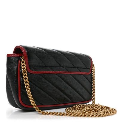 Vintage Effect Calfskin Matelasse Diagonal Super Mini Torchon GG Marmont Shoulder Bag Black Romantic Cherry