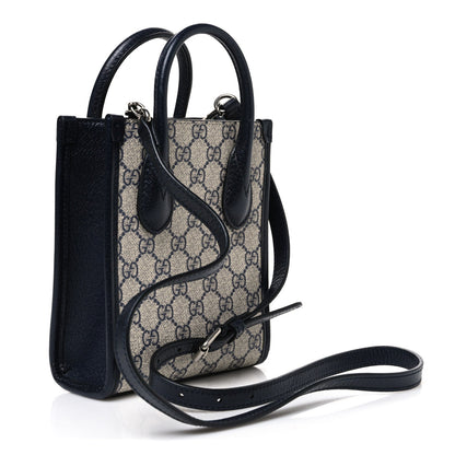 GG Supreme Monogram Textured Dollar Calfskin Mini Retro Interlocking G Tote Bag Beige Blue