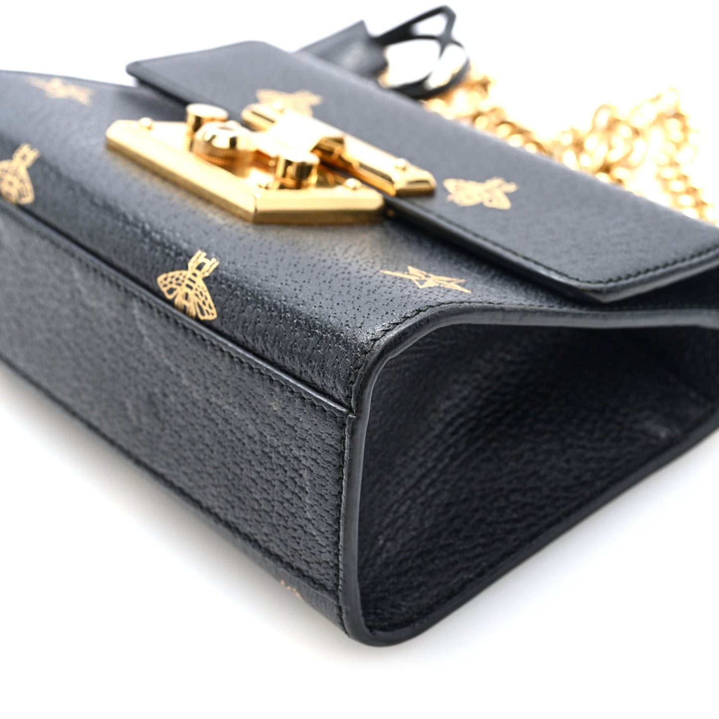 Grained Calfskin Bee Star Small Padlock Shoulder Bag Black