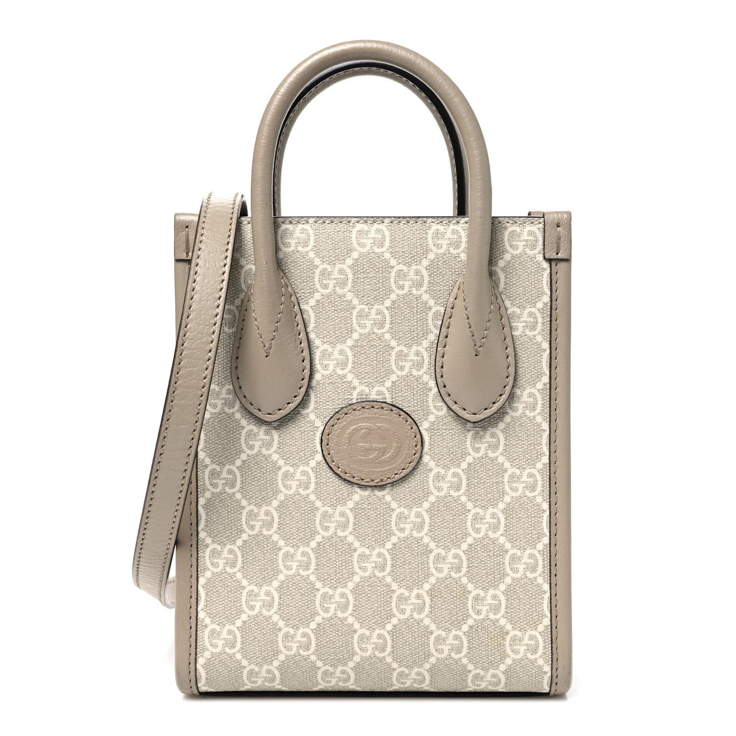 GG Supreme Monogram Textured Dollar Calfskin Mini Retro Interlocking G Tote Bag Beige Mystic White Oatmeal
