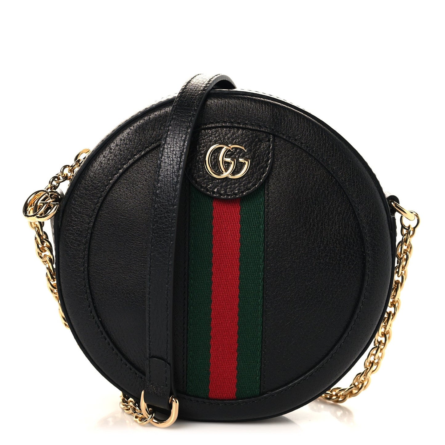 Grained Calfskin Web Mini Ophidia Round Shoulder Bag Black
