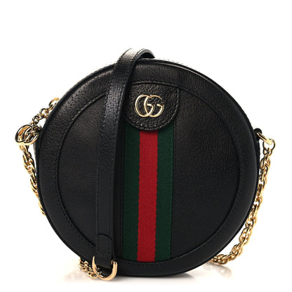 Grained Calfskin Web Mini Ophidia Round Shoulder Bag Black