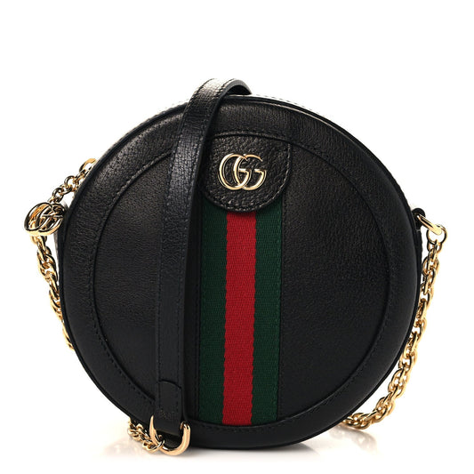 Grained Calfskin Web Mini Ophidia Round Shoulder Bag Black