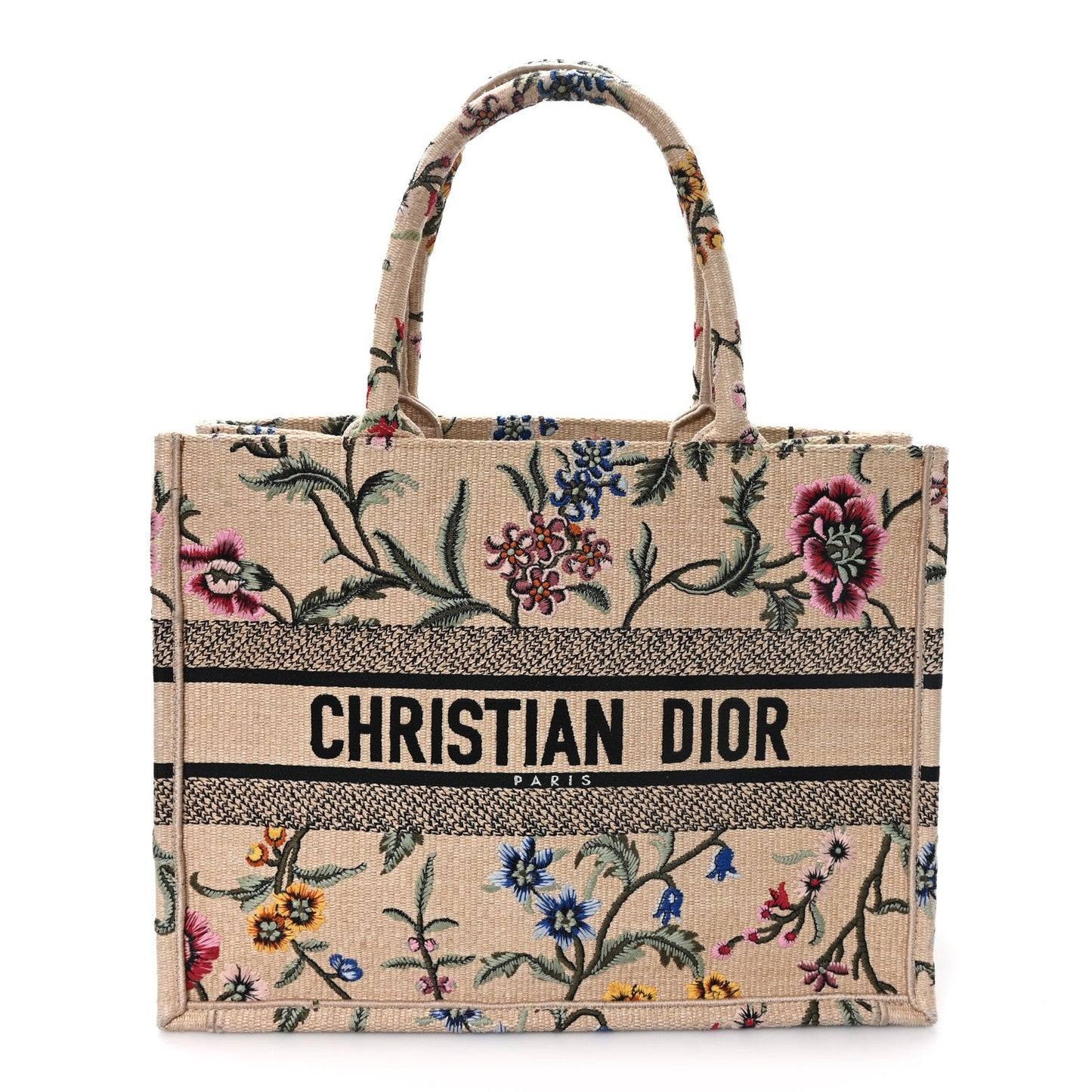 Raffia Embroidered Petites Fleurs Medium Book Tote Natural