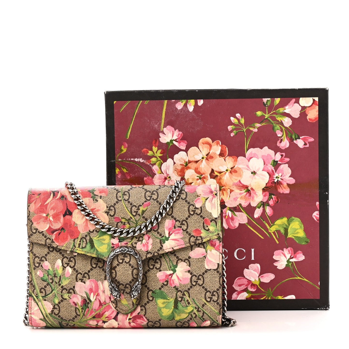 GG Supreme Monogram Blooms Mini Dionysus Chain Wallet Beige Multicolor Dry Rose