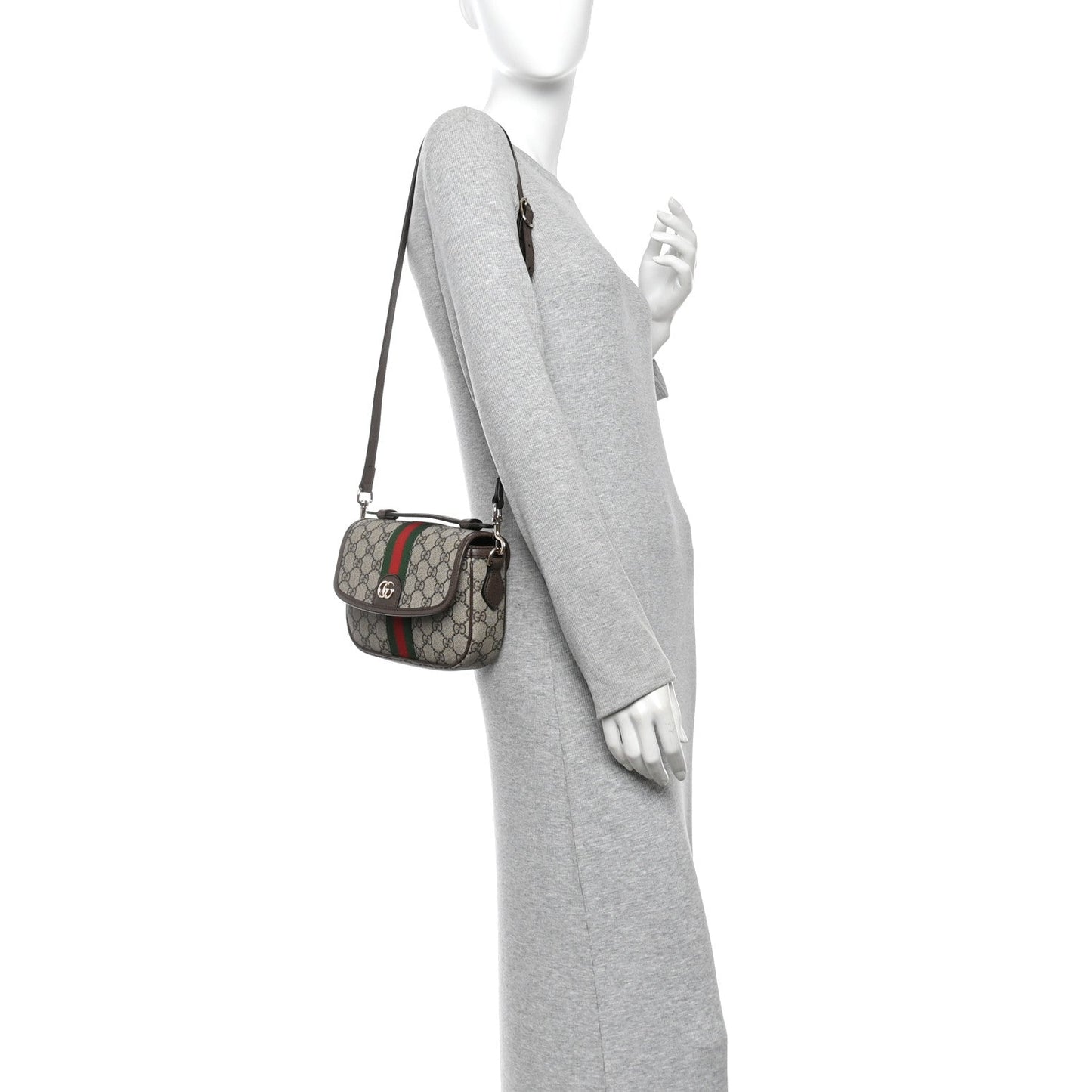 GG Supreme Monogram Textured Dollar Calfskin Small Ophidia Top Handle Shoulder Bag Beige Brown