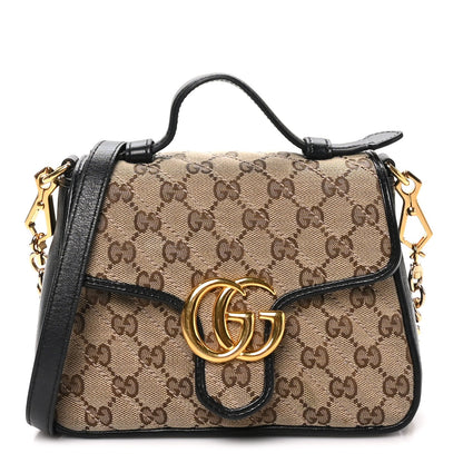 Monogram Azalea Calfskin Matelasse Diagonal Mini GG Marmont Top Handle Shoulder Bag Beige Ebony Black