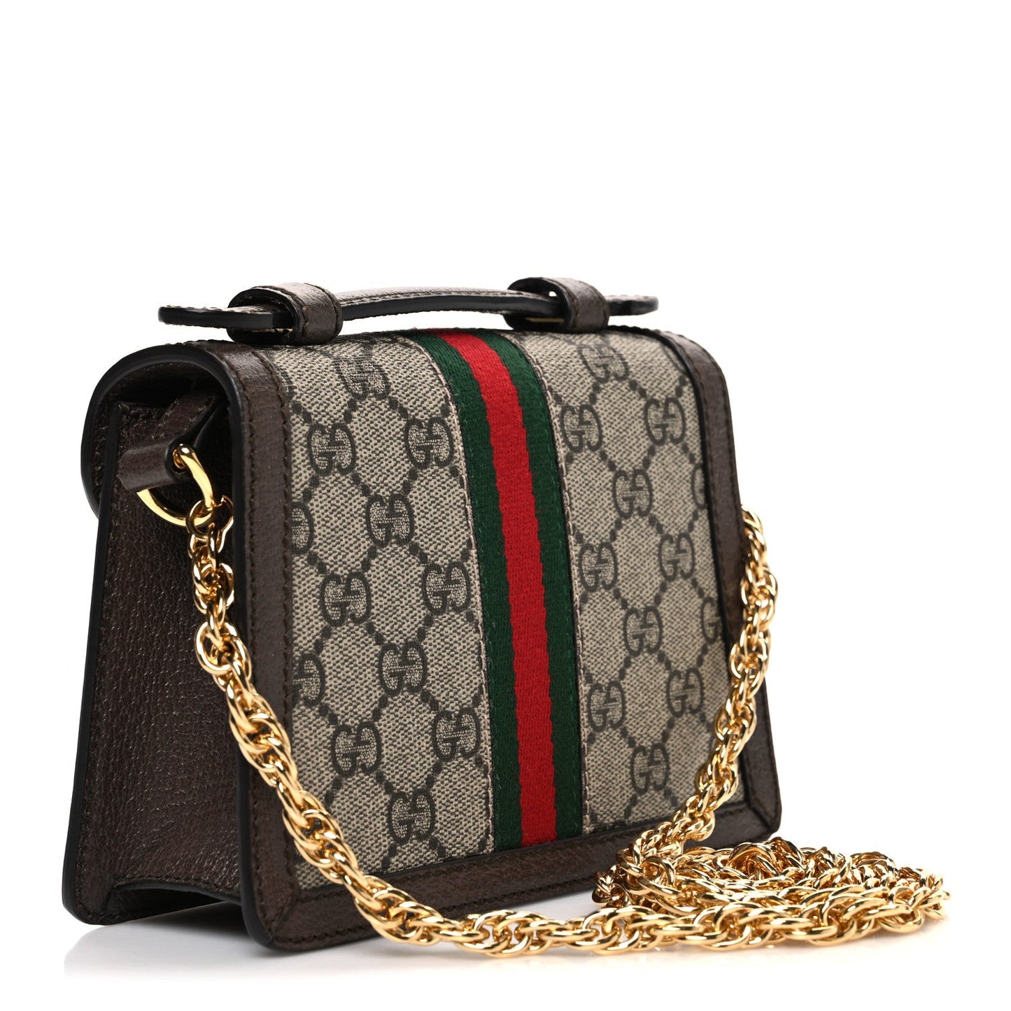 GG Supreme Monogram Textured Dollar Calfskin Web Mini Ophidia Padlock Top Handle Chain Shoulder Bag Beige Ebony New Acero