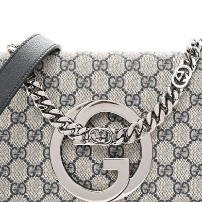 GG Supreme Monogram Textured Dollar Calfskin Blondie Chain Shoulder Flap Bag Beige Blue