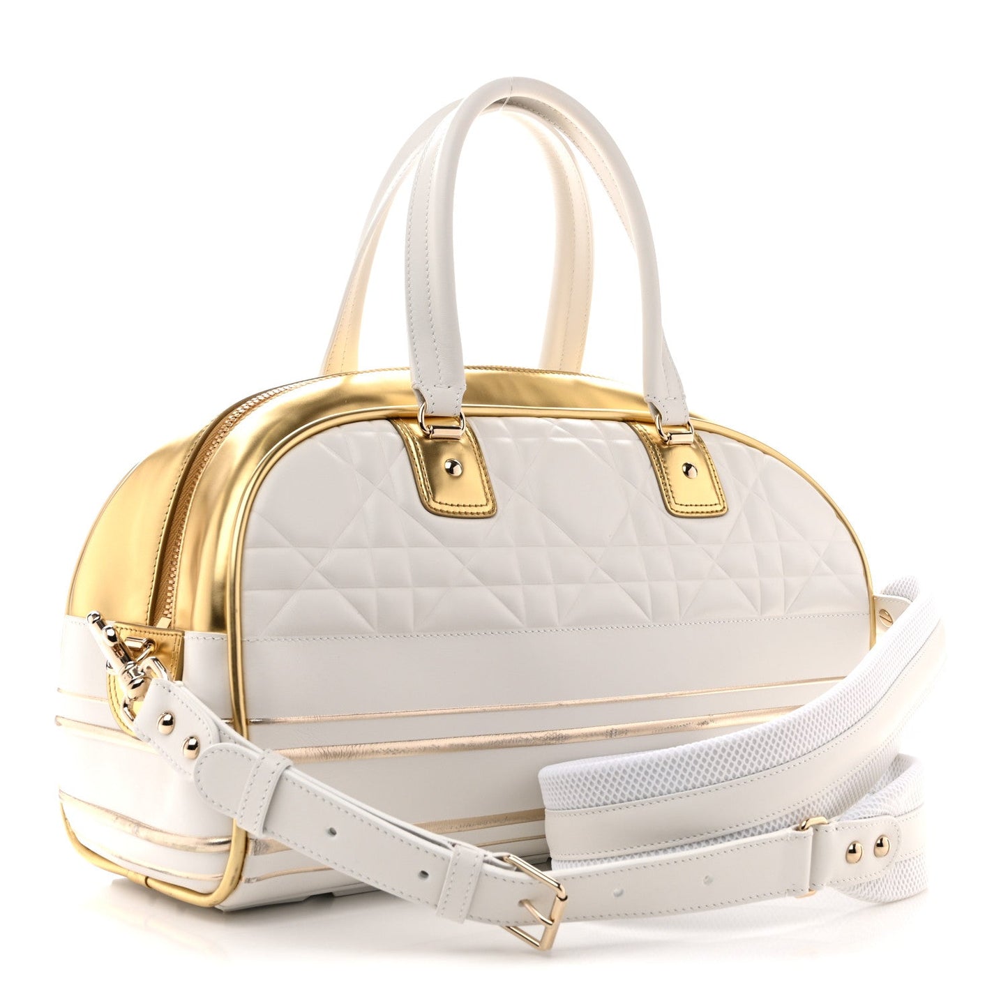 Calfskin Padded Macrocannage Medium Dior Vibe Zip Bowling Bag White Gold