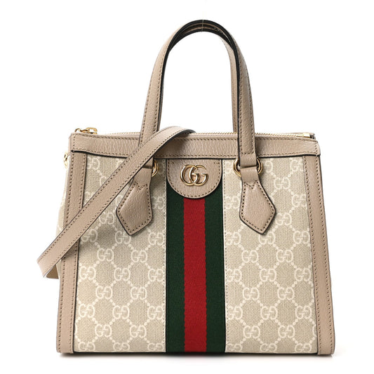 GG Supreme Monogram Textured Dollar Calfskin Web Small Ophidia Tote Bag Beige Mystic White Oatmeal
