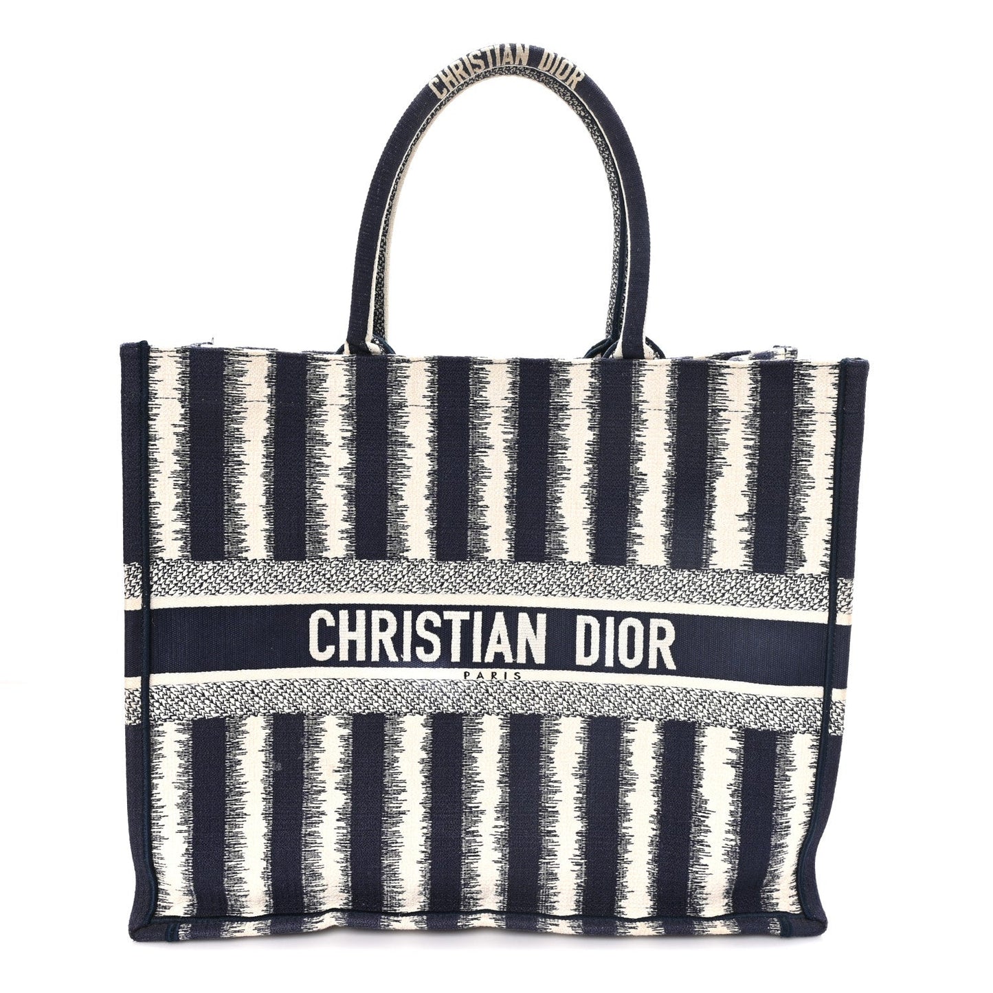 Canvas Embroidered Large Striped Book Tote Navy