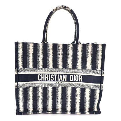 Canvas Embroidered Large Striped Book Tote Navy