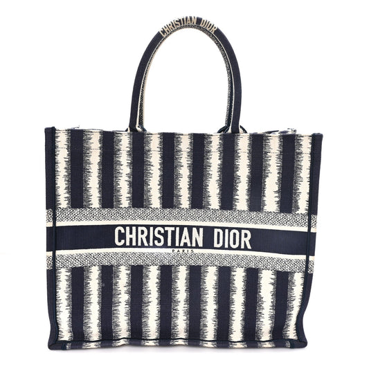 Canvas Embroidered Large Striped Book Tote Navy