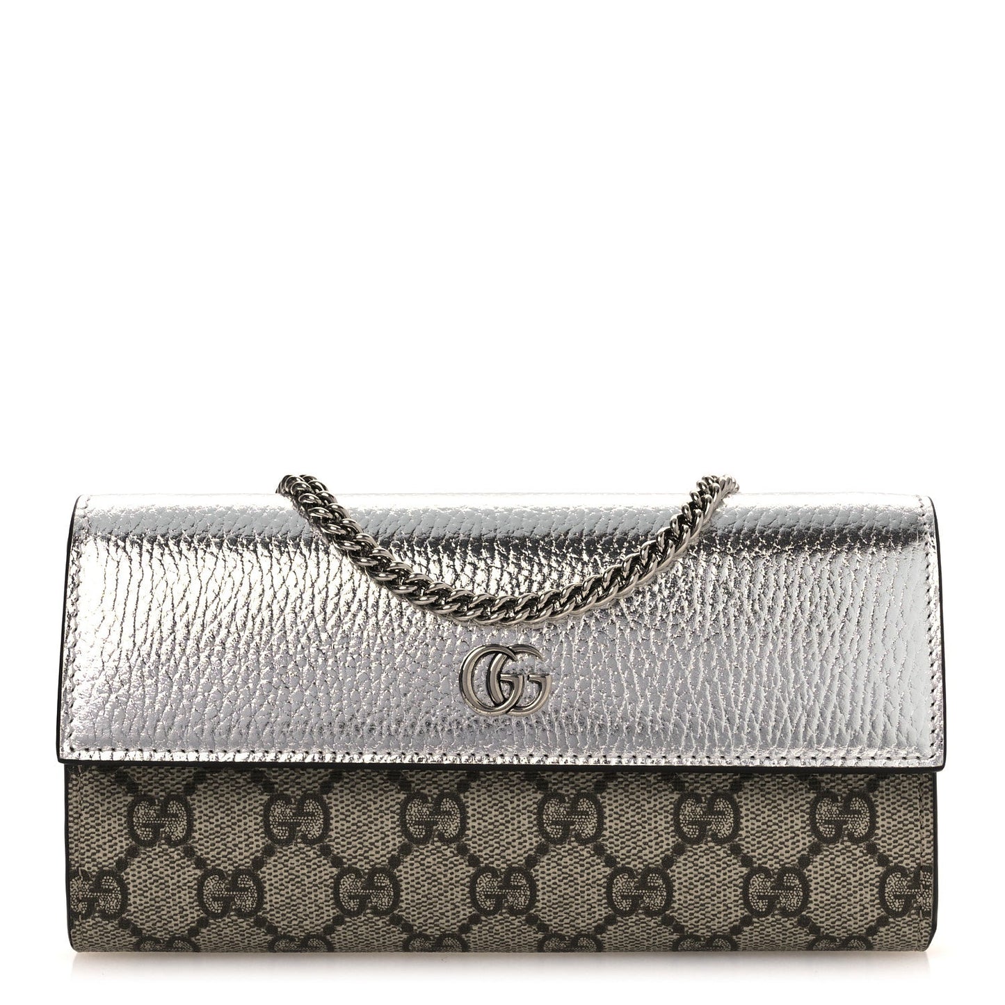Metallic Calfskin GG Supreme Monogram Petite GG Marmont Wallet Chain Bag Silver Beige Ebony